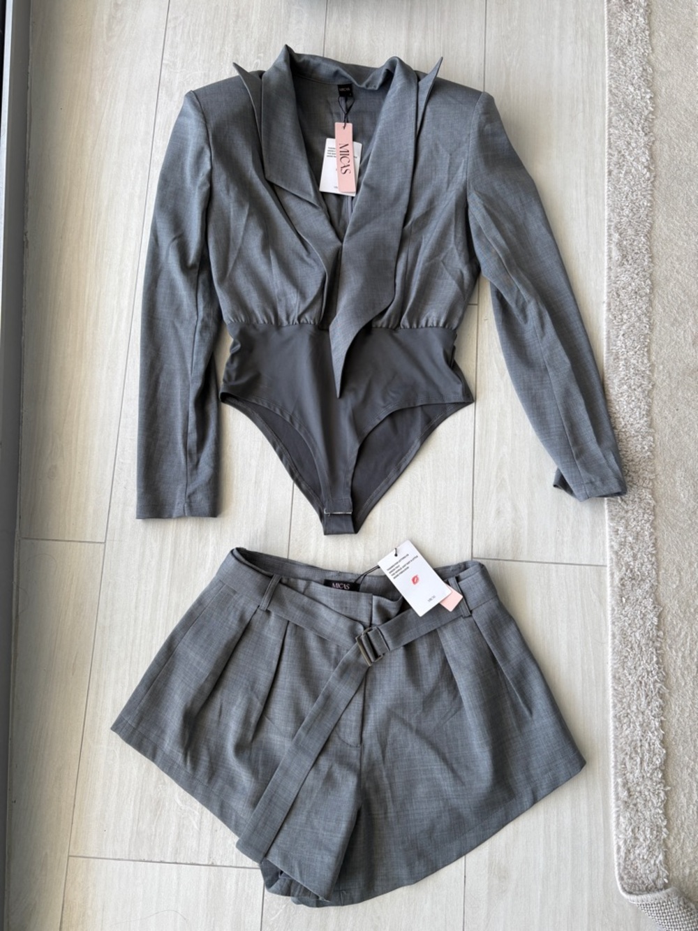 MICAS Tailored Gray High-Waist Shorts with Belt Detail and Matching Top